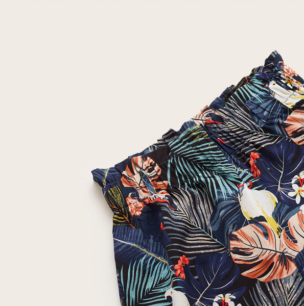 Belted Frilled Waist Tropical Print Loose Long Palazzo Pants - Mazzolah