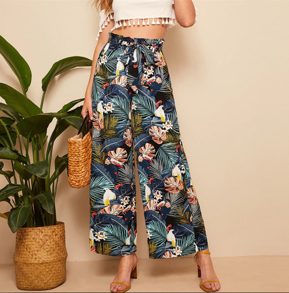 Belted Frilled Waist Tropical Print Loose Long Palazzo Pants - Mazzolah