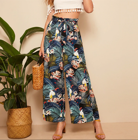 Belted Frilled Waist Tropical Print Loose Long Palazzo Pants - Mazzolah