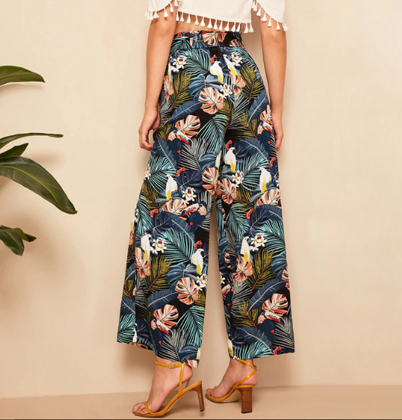 Belted Frilled Waist Tropical Print Loose Long Palazzo Pants - Mazzolah