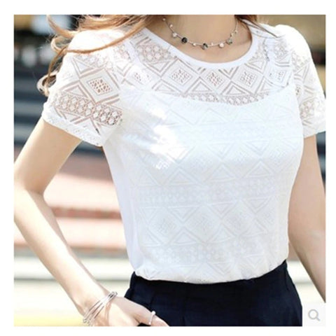 Summer Women White Lace Blouse Short Sleeve Plus Size Korean - Mazzolah