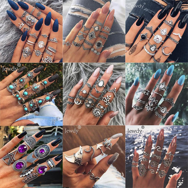 40 Styles Women Bohemian Vintage Crown Wave Flower Heart Lotus Star Leaf Crystal Opal Joint Ring - Mazzolah