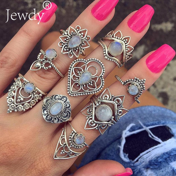 40 Styles Women Bohemian Vintage Crown Wave Flower Heart Lotus Star Leaf Crystal Opal Joint Ring - Mazzolah