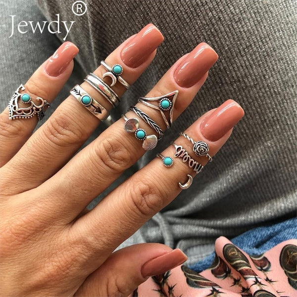 40 Styles Women Bohemian Vintage Crown Wave Flower Heart Lotus Star Leaf Crystal Opal Joint Ring - Mazzolah