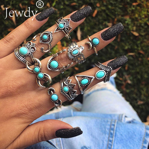 40 Styles Women Bohemian Vintage Crown Wave Flower Heart Lotus Star Leaf Crystal Opal Joint Ring - Mazzolah