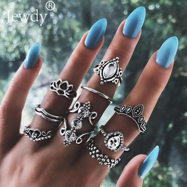 40 Styles Women Bohemian Vintage Crown Wave Flower Heart Lotus Star Leaf Crystal Opal Joint Ring - Mazzolah