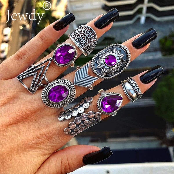 40 Styles Women Bohemian Vintage Crown Wave Flower Heart Lotus Star Leaf Crystal Opal Joint Ring - Mazzolah
