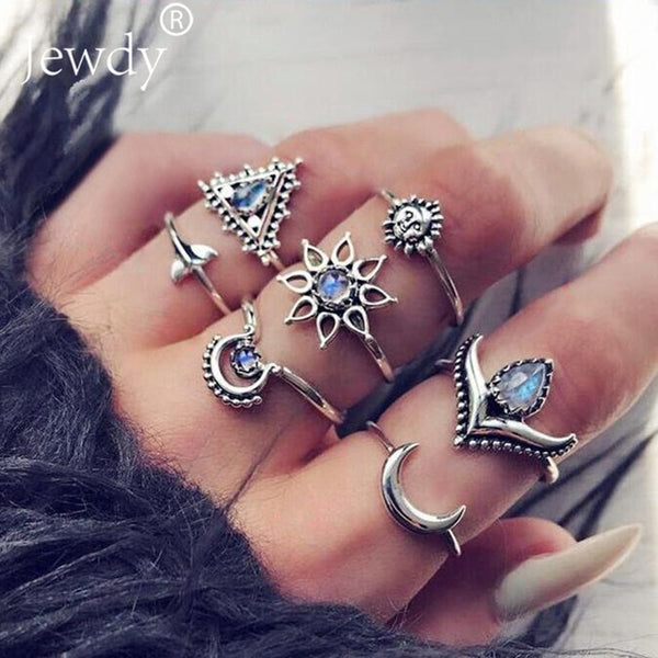 40 Styles Women Bohemian Vintage Crown Wave Flower Heart Lotus Star Leaf Crystal Opal Joint Ring - Mazzolah