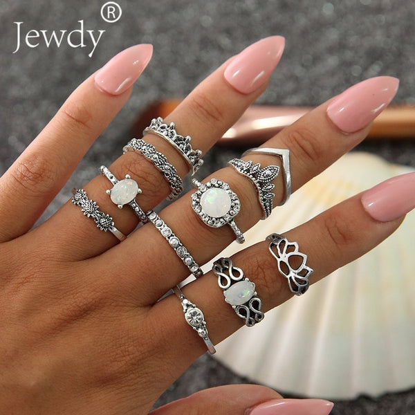 40 Styles Women Bohemian Vintage Crown Wave Flower Heart Lotus Star Leaf Crystal Opal Joint Ring - Mazzolah