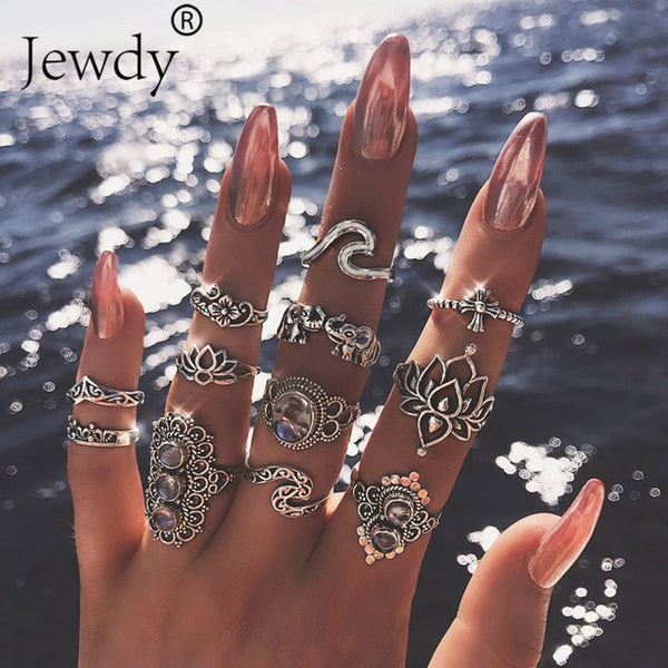 40 Styles Women Bohemian Vintage Crown Wave Flower Heart Lotus Star Leaf Crystal Opal Joint Ring - Mazzolah