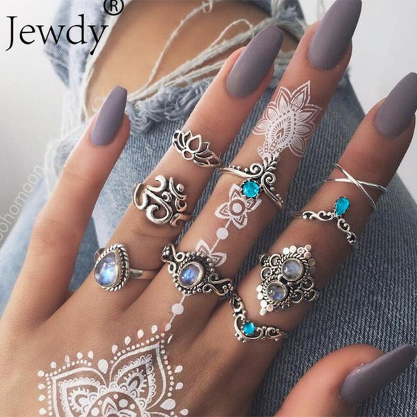 40 Styles Women Bohemian Vintage Crown Wave Flower Heart Lotus Star Leaf Crystal Opal Joint Ring - Mazzolah