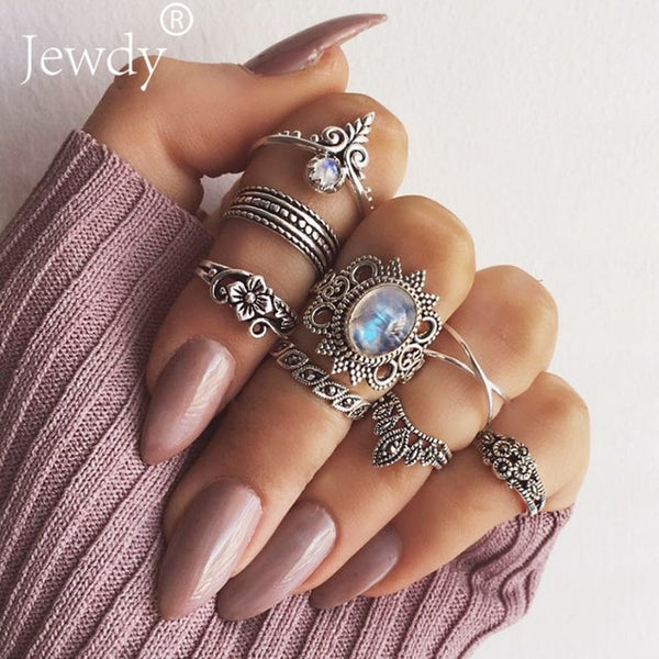 40 Styles Women Bohemian Vintage Crown Wave Flower Heart Lotus Star Leaf Crystal Opal Joint Ring - Mazzolah