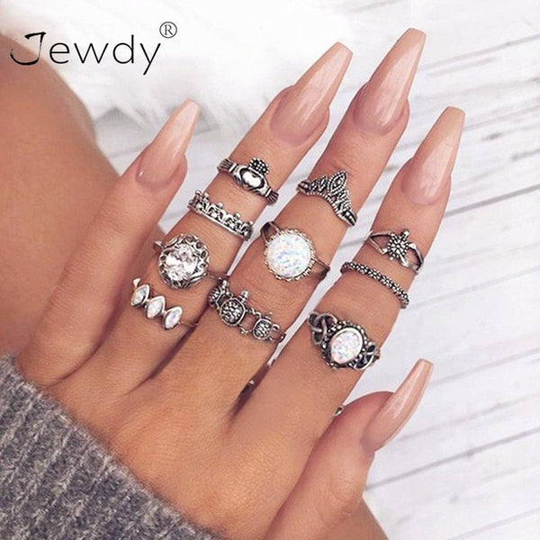 40 Styles Women Bohemian Vintage Crown Wave Flower Heart Lotus Star Leaf Crystal Opal Joint Ring - Mazzolah