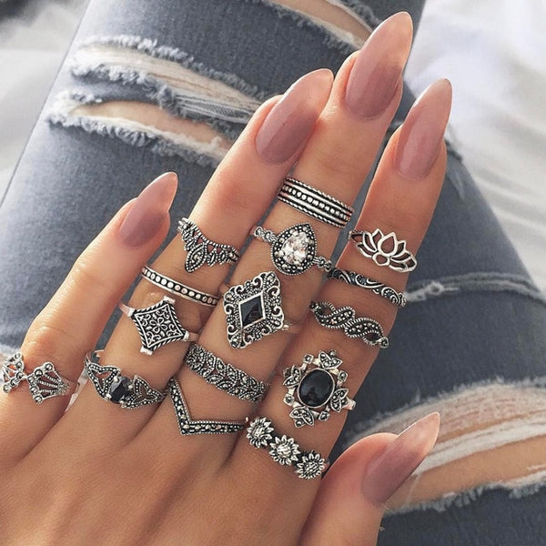40 Styles Women Bohemian Vintage Crown Wave Flower Heart Lotus Star Leaf Crystal Opal Joint Ring - Mazzolah