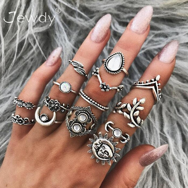 40 Styles Women Bohemian Vintage Crown Wave Flower Heart Lotus Star Leaf Crystal Opal Joint Ring - Mazzolah