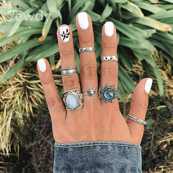 40 Styles Women Bohemian Vintage Crown Wave Flower Heart Lotus Star Leaf Crystal Opal Joint Ring - Mazzolah