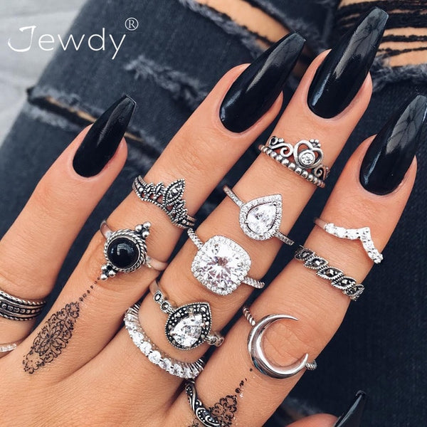 40 Styles Women Bohemian Vintage Crown Wave Flower Heart Lotus Star Leaf Crystal Opal Joint Ring - Mazzolah
