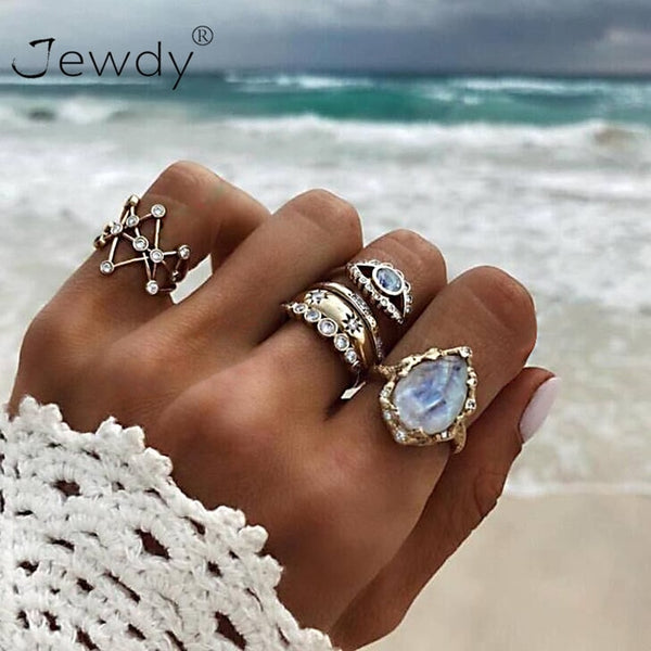 40 Styles Women Bohemian Vintage Crown Wave Flower Heart Lotus Star Leaf Crystal Opal Joint Ring - Mazzolah