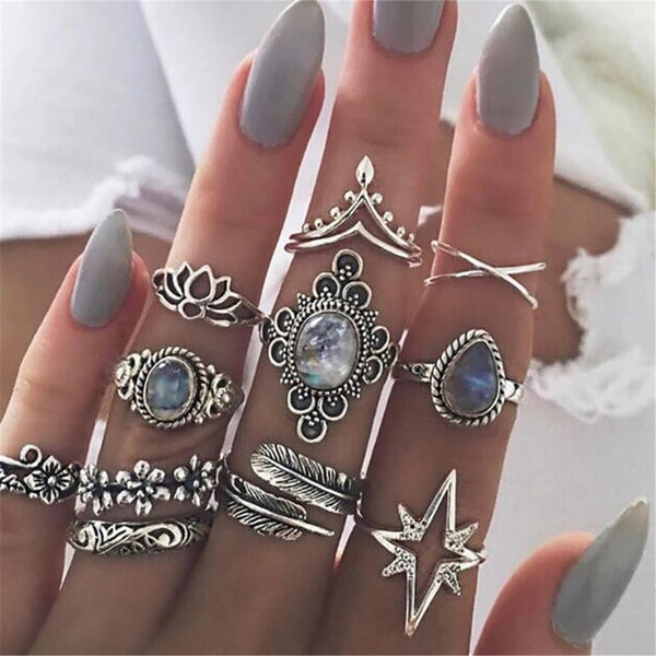 40 Styles Women Bohemian Vintage Crown Wave Flower Heart Lotus Star Leaf Crystal Opal Joint Ring - Mazzolah