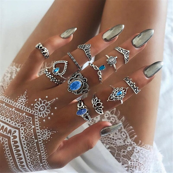 40 Styles Women Bohemian Vintage Crown Wave Flower Heart Lotus Star Leaf Crystal Opal Joint Ring - Mazzolah