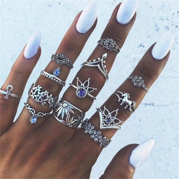 40 Styles Women Bohemian Vintage Crown Wave Flower Heart Lotus Star Leaf Crystal Opal Joint Ring - Mazzolah