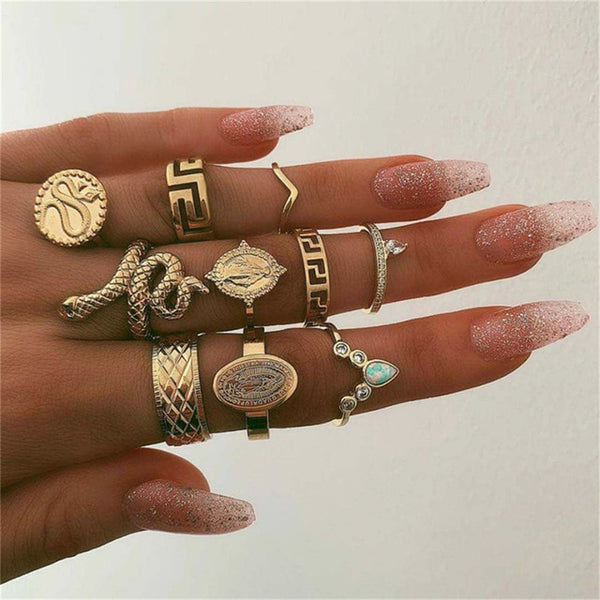 40 Styles Women Bohemian Vintage Crown Wave Flower Heart Lotus Star Leaf Crystal Opal Joint Ring - Mazzolah