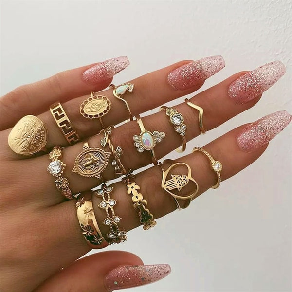 40 Styles Women Bohemian Vintage Crown Wave Flower Heart Lotus Star Leaf Crystal Opal Joint Ring - Mazzolah