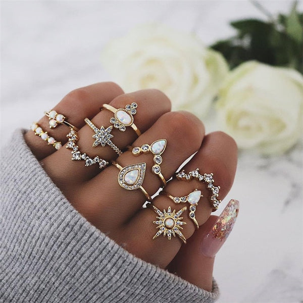 40 Styles Women Bohemian Vintage Crown Wave Flower Heart Lotus Star Leaf Crystal Opal Joint Ring - Mazzolah