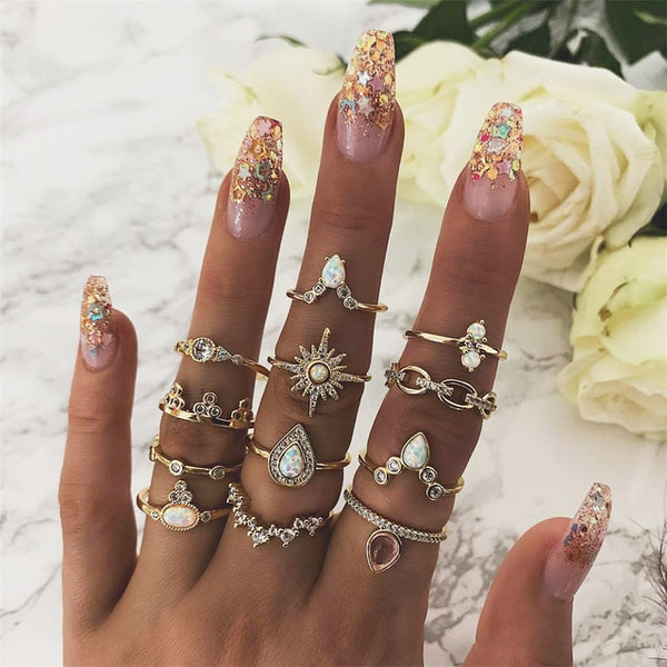 40 Styles Women Bohemian Vintage Crown Wave Flower Heart Lotus Star Leaf Crystal Opal Joint Ring - Mazzolah