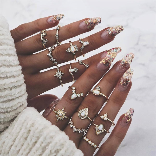 40 Styles Women Bohemian Vintage Crown Wave Flower Heart Lotus Star Leaf Crystal Opal Joint Ring - Mazzolah