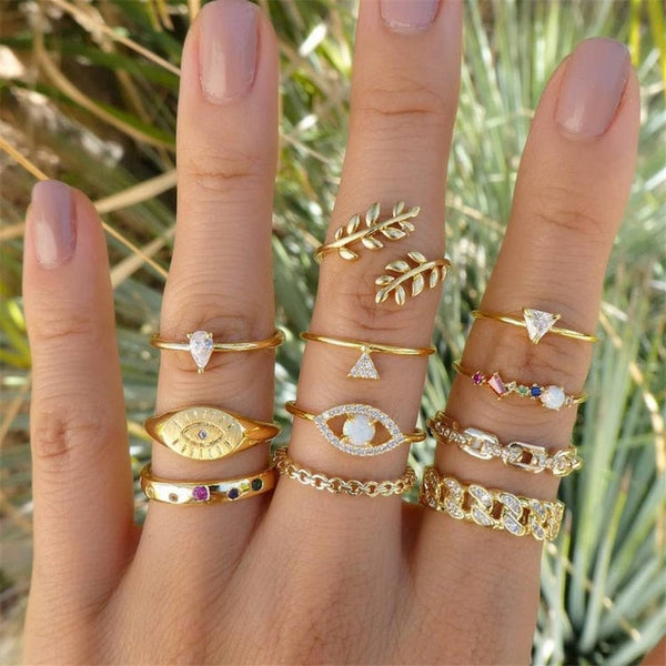 40 Styles Women Bohemian Vintage Crown Wave Flower Heart Lotus Star Leaf Crystal Opal Joint Ring - Mazzolah