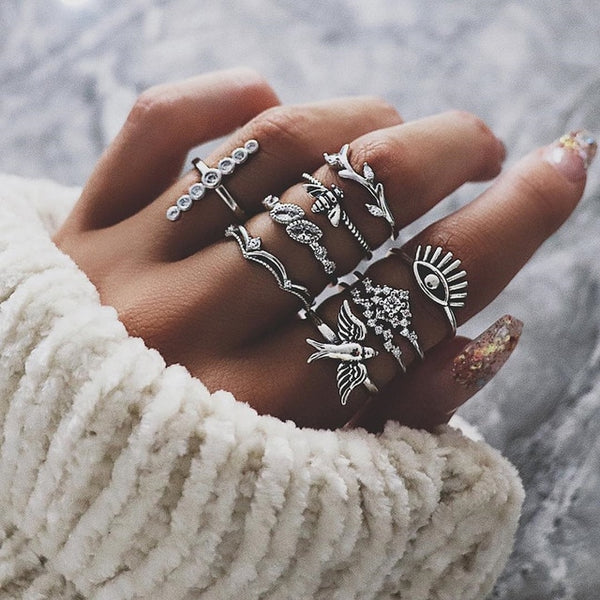 40 Styles Women Bohemian Vintage Crown Wave Flower Heart Lotus Star Leaf Crystal Opal Joint Ring - Mazzolah
