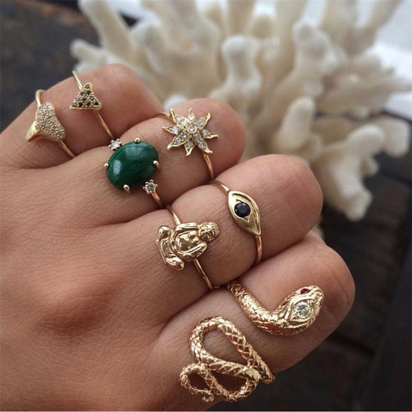 40 Styles Women Bohemian Vintage Crown Wave Flower Heart Lotus Star Leaf Crystal Opal Joint Ring - Mazzolah