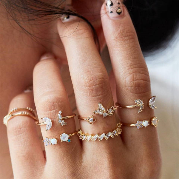 40 Styles Women Bohemian Vintage Crown Wave Flower Heart Lotus Star Leaf Crystal Opal Joint Ring - Mazzolah