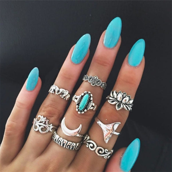 40 Styles Women Bohemian Vintage Crown Wave Flower Heart Lotus Star Leaf Crystal Opal Joint Ring - Mazzolah