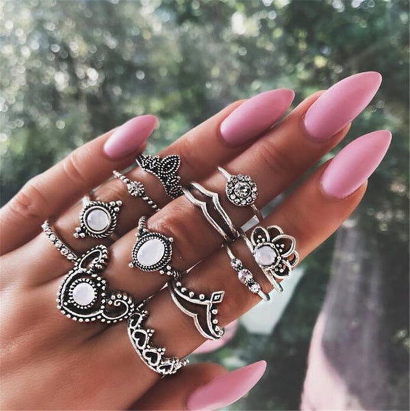 40 Styles Women Bohemian Vintage Crown Wave Flower Heart Lotus Star Leaf Crystal Opal Joint Ring - Mazzolah