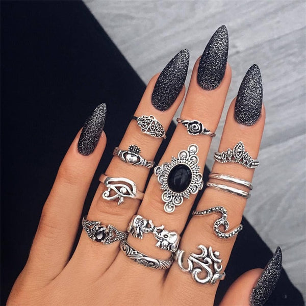 40 Styles Women Bohemian Vintage Crown Wave Flower Heart Lotus Star Leaf Crystal Opal Joint Ring - Mazzolah