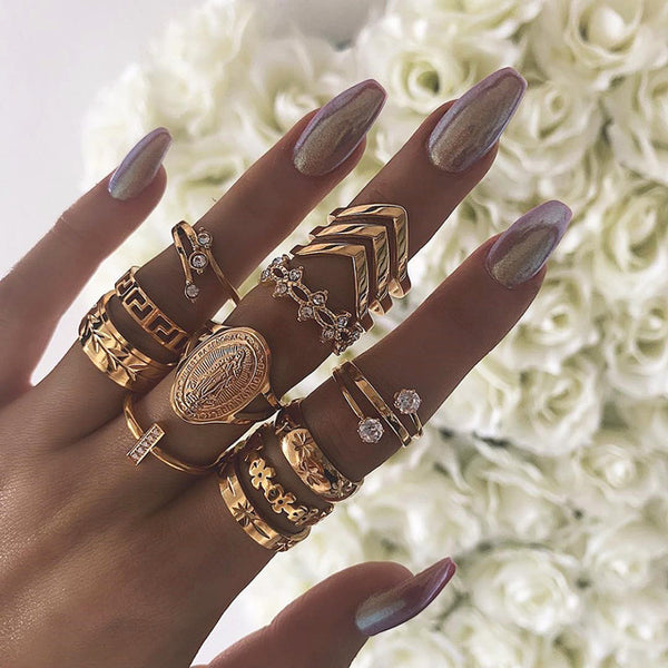 40 Styles Women Bohemian Vintage Crown Wave Flower Heart Lotus Star Leaf Crystal Opal Joint Ring - Mazzolah