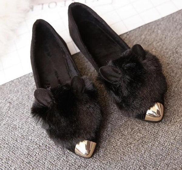 rabbit ears fur loafers women metal ladies shoes - Mazzolah