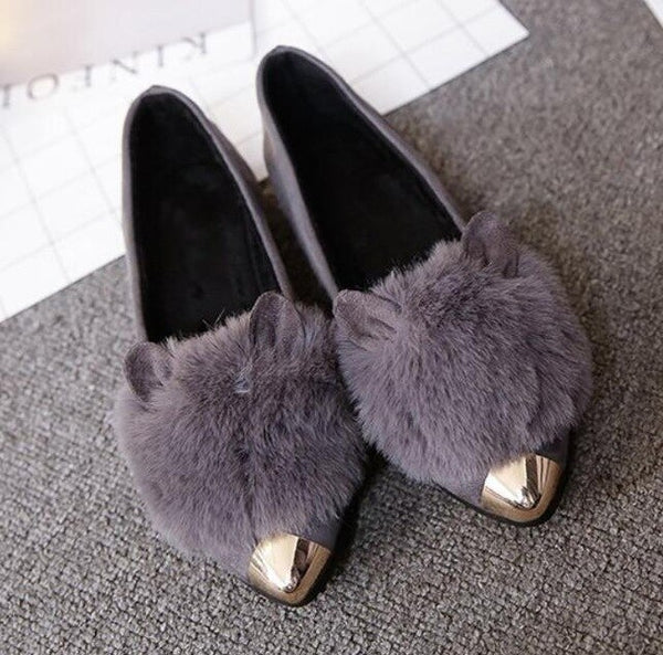 rabbit ears fur loafers women metal ladies shoes - Mazzolah