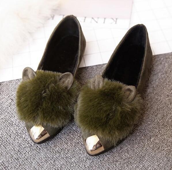 rabbit ears fur loafers women metal ladies shoes - Mazzolah