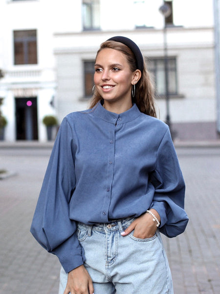 Vintage Stand Collar Lantern Sleeve Women Blouses - Mazzolah