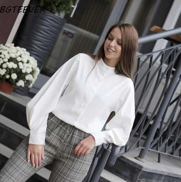 Vintage Stand Collar Lantern Sleeve Women Blouses - Mazzolah