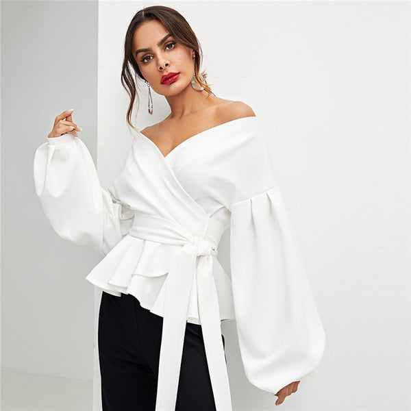 SHEIN White Office Lady Elegant Lantern Sleeve - Mazzolah