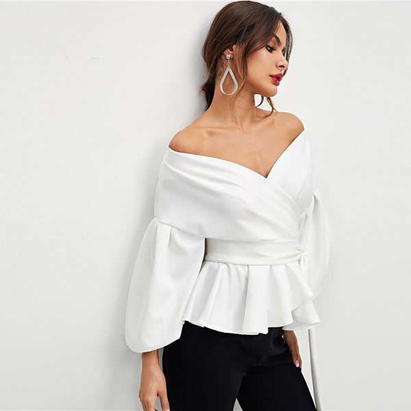 SHEIN White Office Lady Elegant Lantern Sleeve - Mazzolah