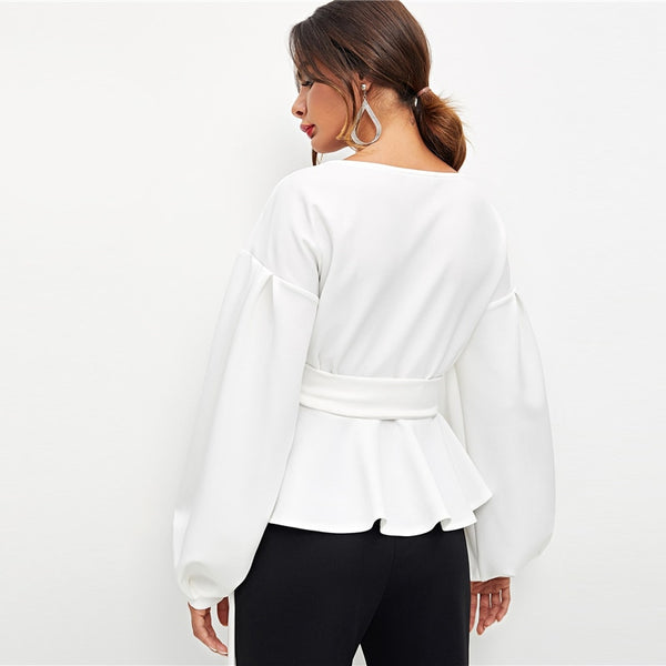 SHEIN White Office Lady Elegant Lantern Sleeve - Mazzolah