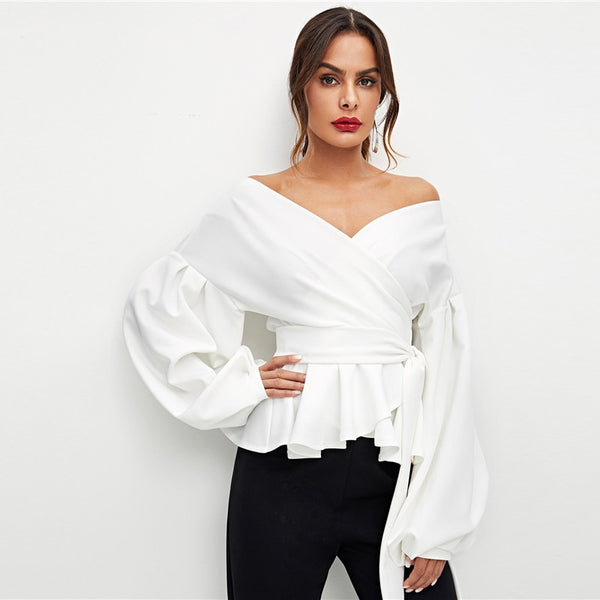 SHEIN White Office Lady Elegant Lantern Sleeve - Mazzolah