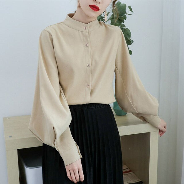 Vintage Stand Collar Lantern Sleeve Women Blouses - Mazzolah