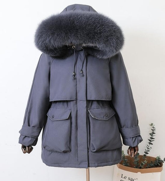 Large Natural Raccoon Fox Fur Hooded Winter Down Coat Women - Mazzolah