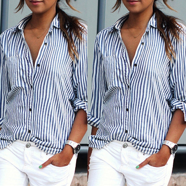 Women Striped Long Sleeve Blouse Shirt - Mazzolah